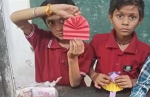विद्यार्थियों ने बनाई अखबार की रद्दी से थैलियां और मेंहदी के कोन