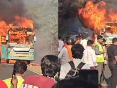 इंदौर-भोपाल हाईवे पर चलती बस में लगी भीषण आग, यात्रियों ने खिड़की से कूदकर बचाई जान