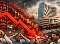 शेयर बाजार में हाहाकार! सेंसेक्स 1100 अंक लुढ़का, निवेशकों में मची दहशत
